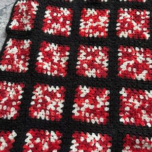 Vtg Granny Square Afghan Throw 64 By 43" Black w Burgundy/Red/white/black